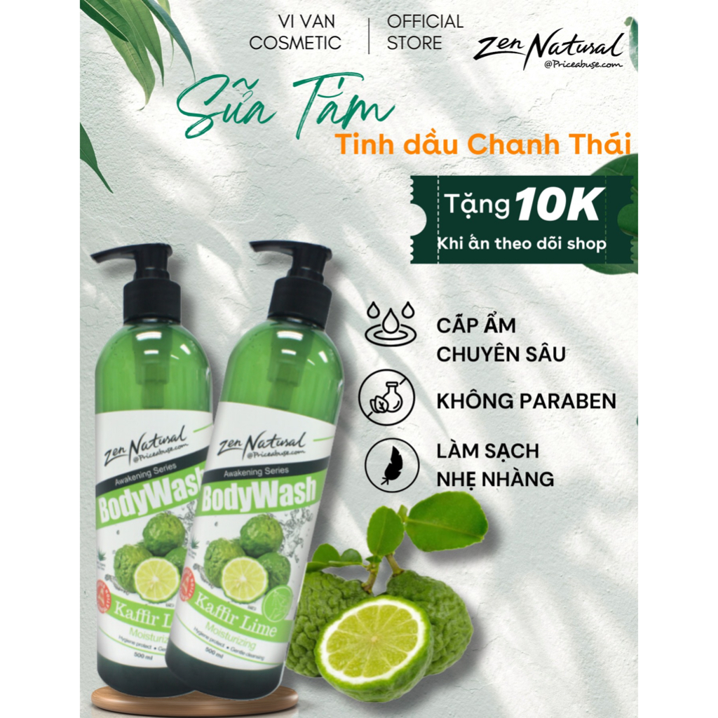 Sữa Tắm Tinh Dầu Chanh Thái BODY WASH KAFFIR LIME ZEN NATURAL 500ML I Gel Tắm Làm Sạch, Dưỡng Ẩm - ( Vivan _ Cosmetics )