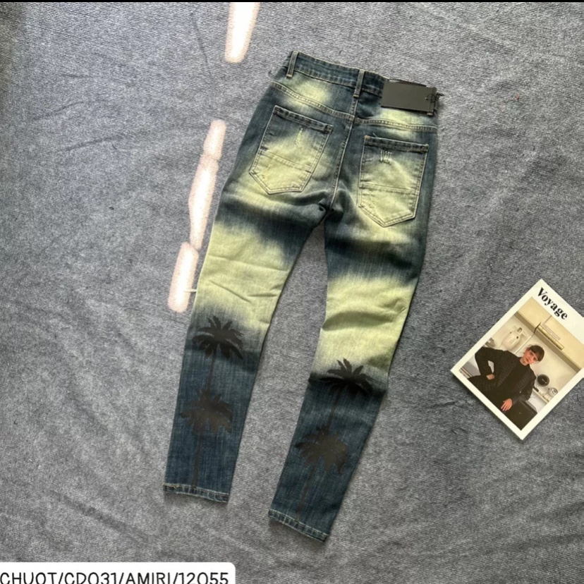 Quần Jean Nam Amiri Slimfit Wash Xanh Vàng in hình cây dừa phối rách tua gối vá da Quần Cây Dừa Nam Xanh Sẫm Chuẩn Shop