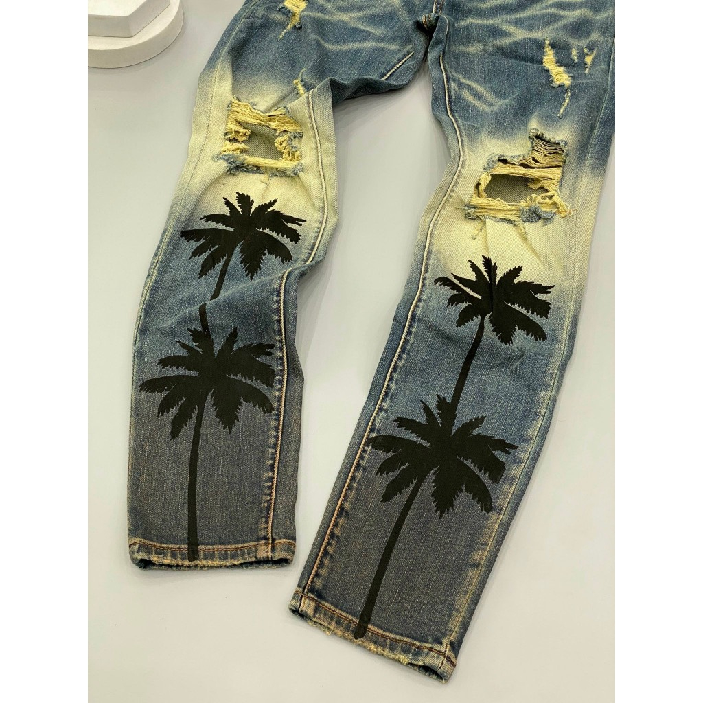 Quần Jean Nam Amiri Slimfit Wash Xanh Vàng in hình cây dừa phối rách tua gối vá da Quần Cây Dừa Nam Xanh Sẫm Chuẩn Shop