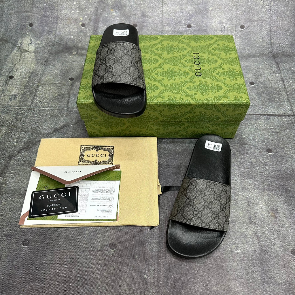 Dép Lê da nam quai ngang Gucci bản chuẩn like Âu 1.1 canvans trơn xám xi măng fullbox hộp cao cấp