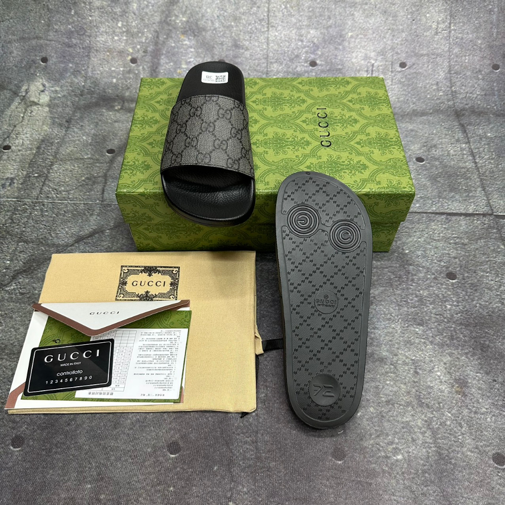 Dép Lê da nam quai ngang Gucci bản chuẩn like Âu 1.1 canvans trơn xám xi măng fullbox hộp cao cấp