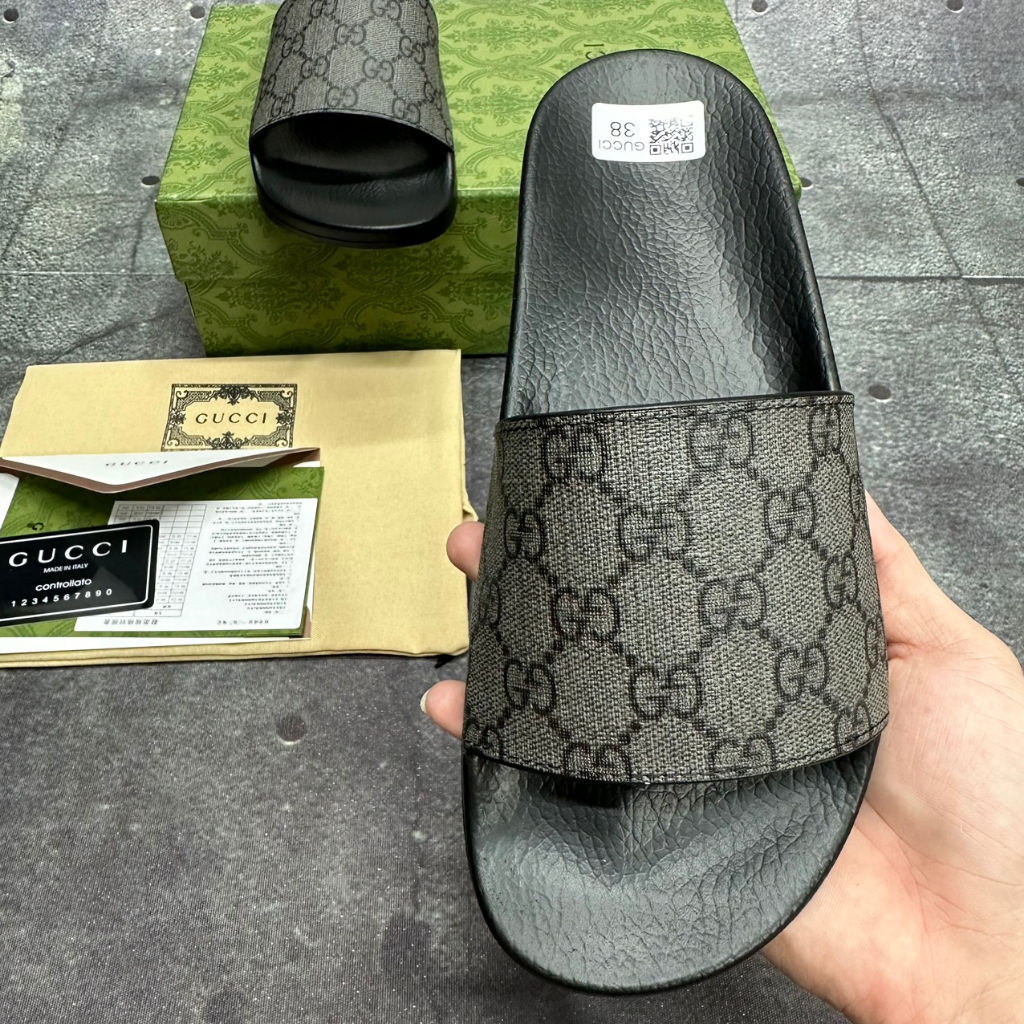 Dép Lê da nam quai ngang Gucci bản chuẩn like Âu 1.1 canvans trơn xám xi măng fullbox hộp cao cấp