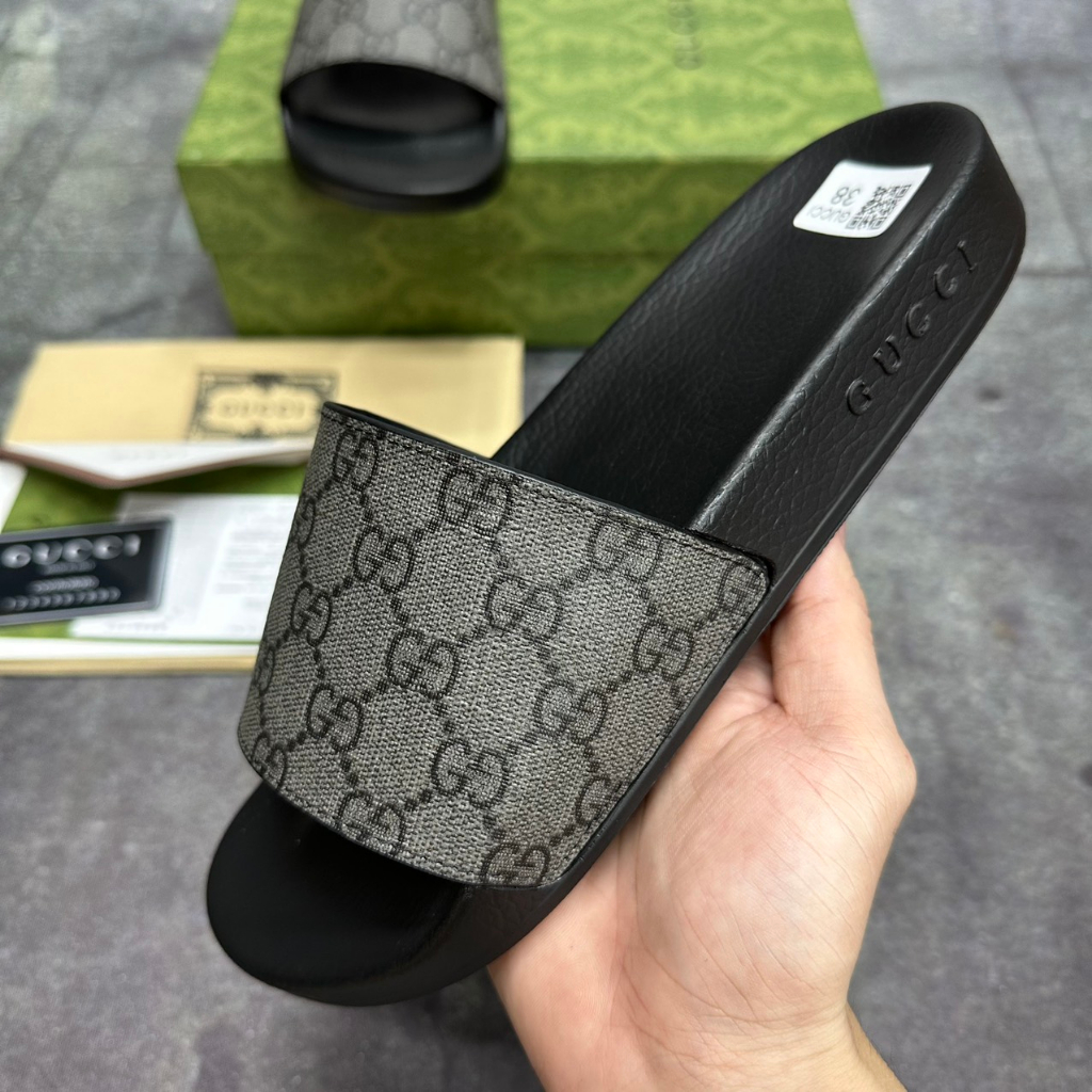 Dép Lê da nam quai ngang Gucci bản chuẩn like Âu 1.1 canvans trơn xám xi măng fullbox hộp cao cấp