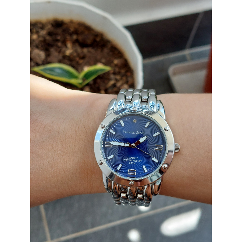 Đồng hồ nam Valentino Zanetti mặt xanh kẻ sọc chạy pin hàng Si