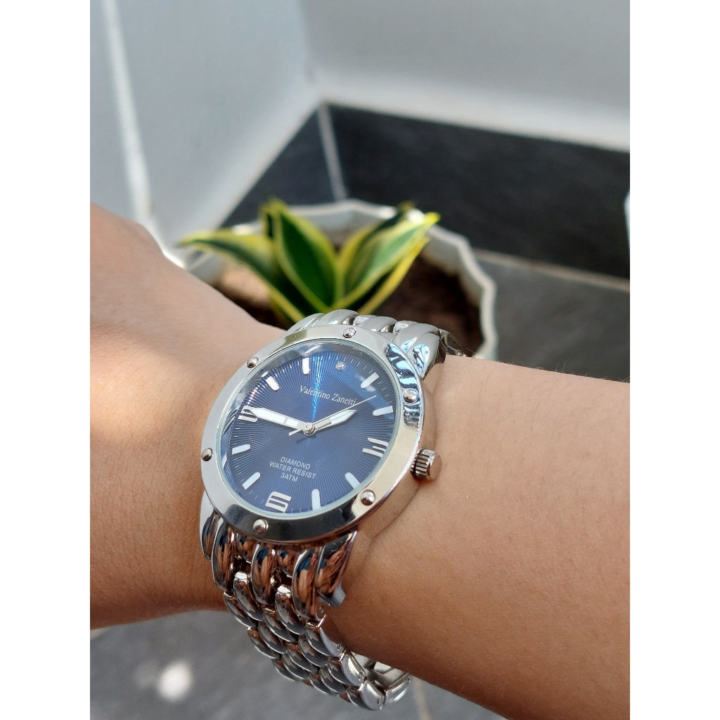 Đồng hồ nam Valentino Zanetti mặt xanh kẻ sọc chạy pin hàng Si