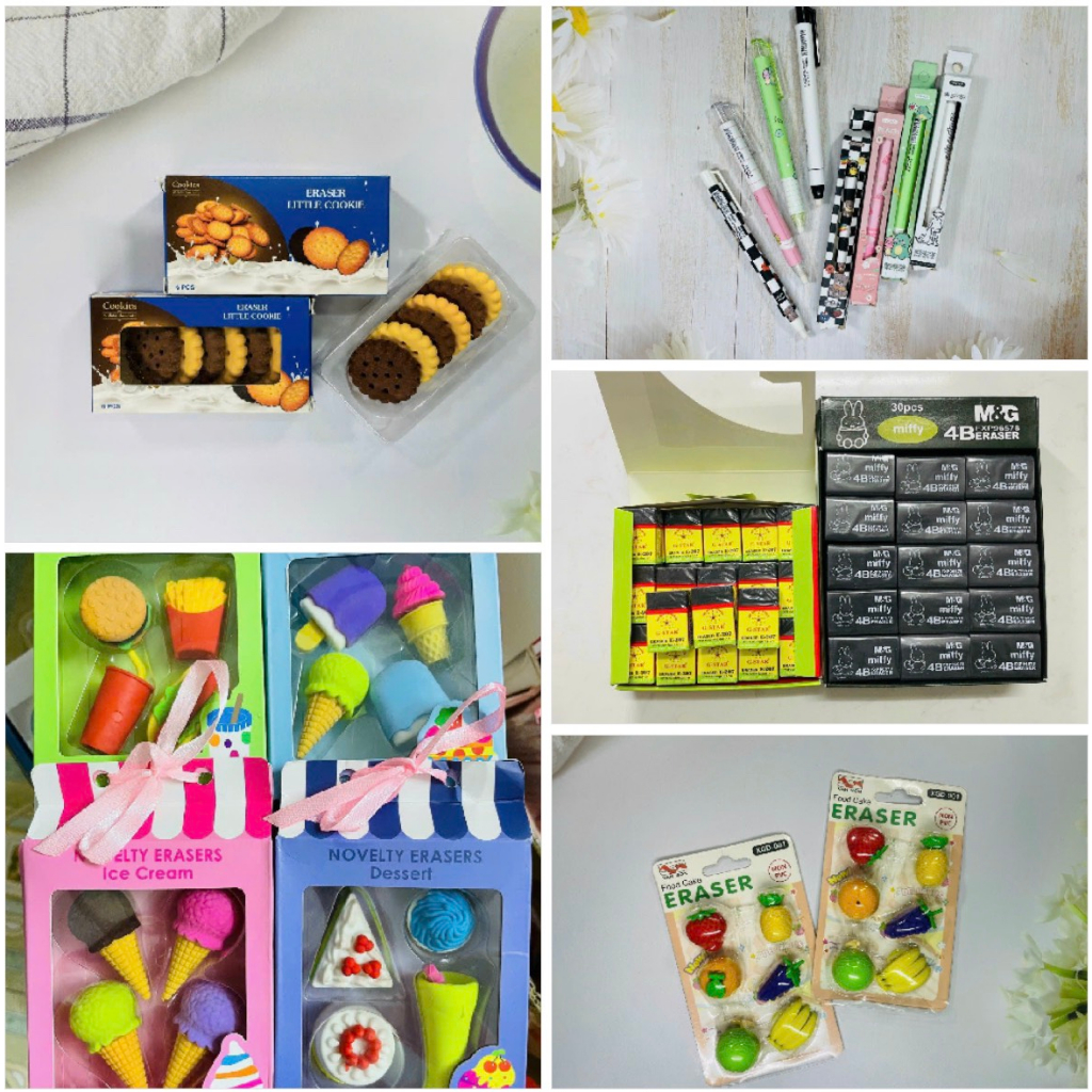 Tẩy Dạng Bút Sanrio,Gấu Dâu, Set Tẩy Dễ Thương, Hộp 4 Cục Gôm Tẩy Hình Bánh Kẹo, Gôm Tẩy Gấu Dâu , Gôm Tẩy Đen Học SInh