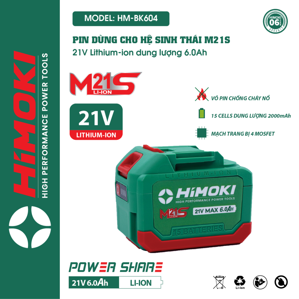 Pin Himoki 10 Cell - 15 Cell Mạch 4 mosfet có đèn báo pin - Pin máy khoan, máy mài, máy siết chân pin phổ thông