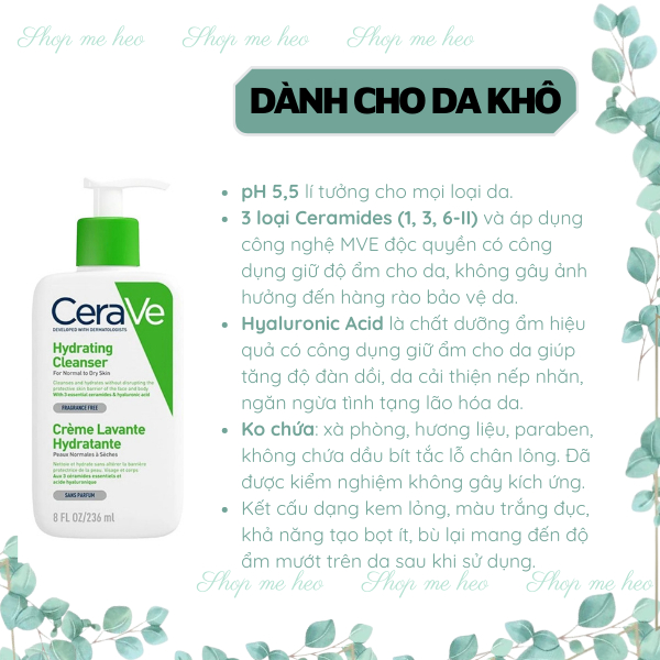 Sữa rửa mặt Cerave dành cho da dầu, da khô, da thường, srm dịu nhẹ làm sạch sâu cho mọi loại da