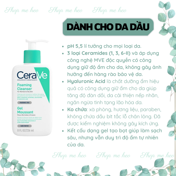 Sữa rửa mặt Cerave dành cho da dầu, da khô, da thường, srm dịu nhẹ làm sạch sâu cho mọi loại da