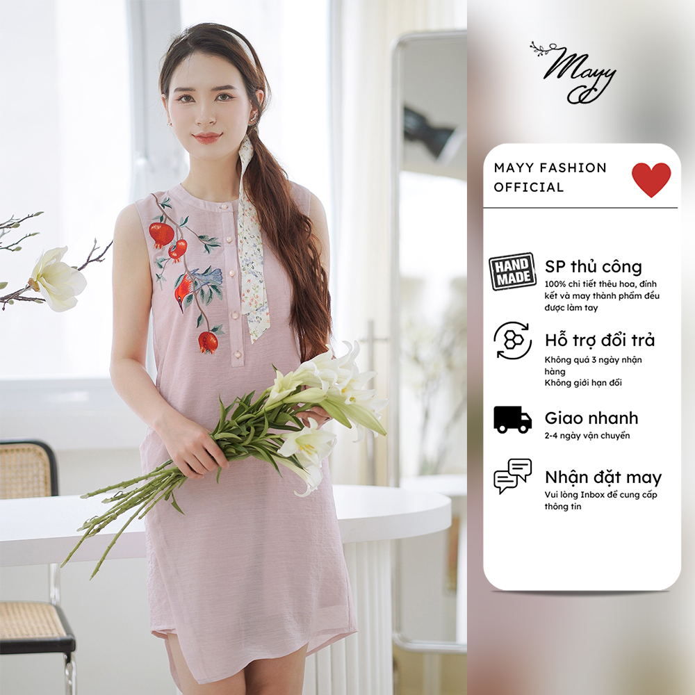 Váy thiết kế MAYY FASHION organza hồng cổ tàu thêu cành Lựu Đỏ