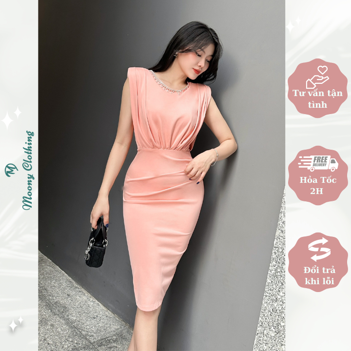 Đầm Tay Hến Đính Đá Viền Cổ Chất Liệu Umi Hàn Cao Cấp. Váy Dự Tiệc Ôm Body Vải Mềm Mại, Co Giãn Tốt. Bigsize 40 - 65Kg