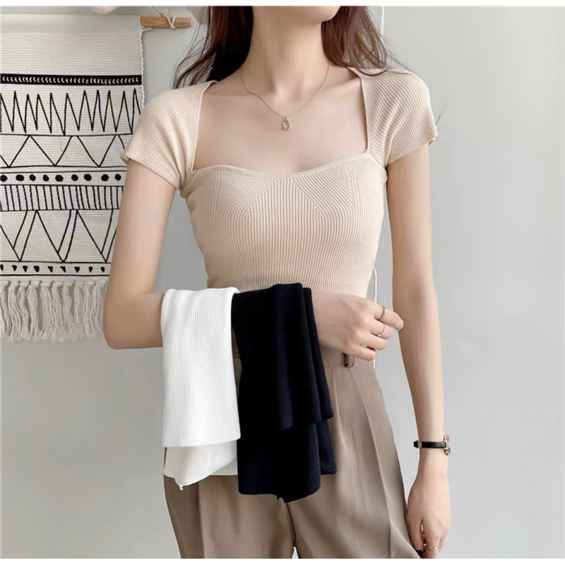 Áo len thun gân cotton co dãn cổ vuông tay ngắn quyến rũ