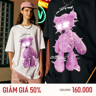 Áo phông thun tay lỡ Pink Bear nam nữ cotton 2 màu Đen, Trắng