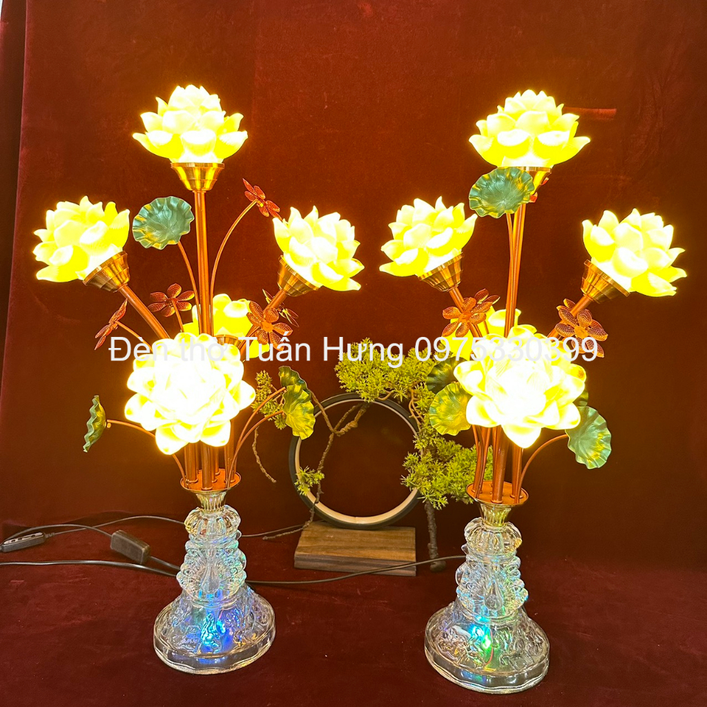 (1 cặp) Đèn thờ sen lưu ly chân hình khổng tước pha lê đổi màu, ảnh thật