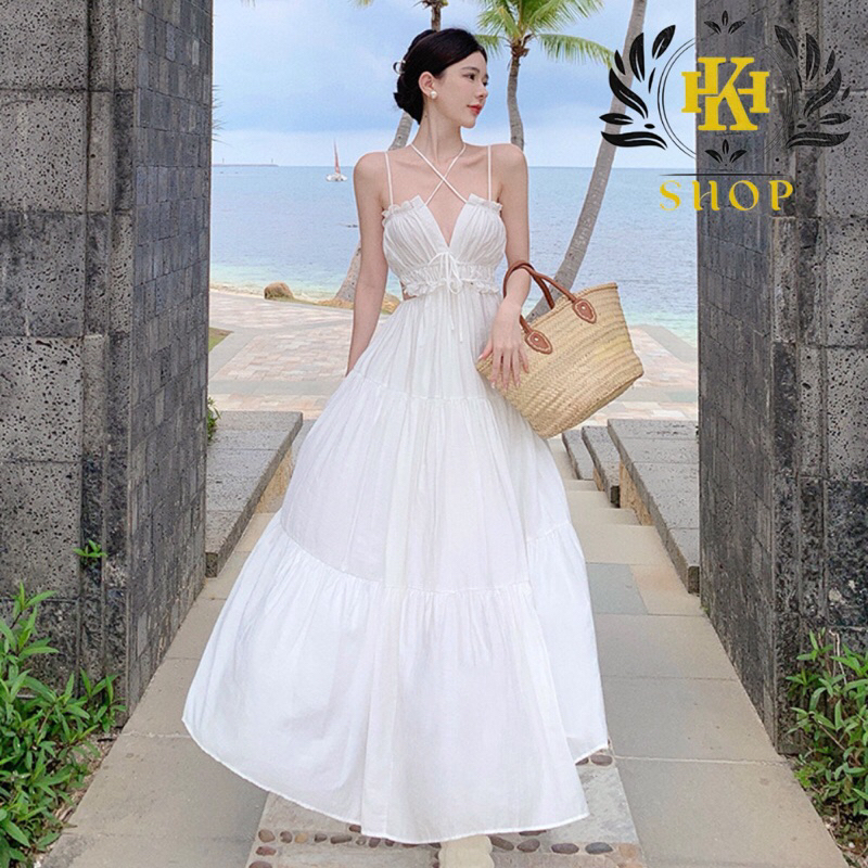 pass đầm maxi trắng 2 dây đi biển tiểu thư ulzzang sexy freesize