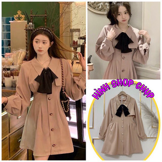 Đầm chít eo tiểu thư kiểu sơmi thắt nơ cổ đơn giản mà tinh xảo