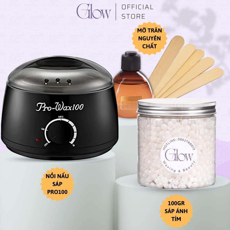 Set Nồi Nấu Sáp Wax Lông Pro Wax 100 GLOW WAXING +100gr Sáp Wax Lông + 75gr Mỡ Trăn Tặng Que Phết Sáp - 8582