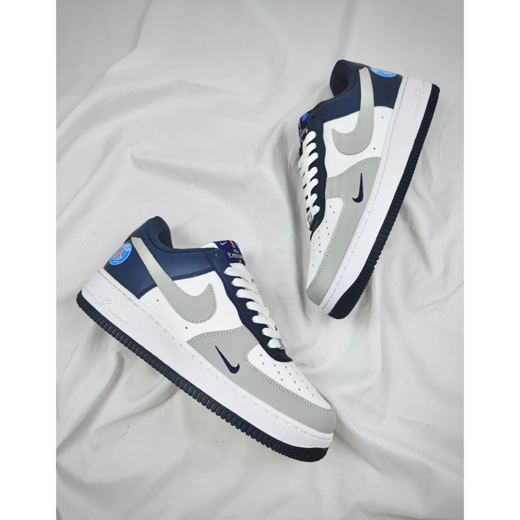 Giày Thể Thao Air Force 1 Low Paris Saint White Grey Navy For Custom Giày Af1 Xám Gót Xanh Than