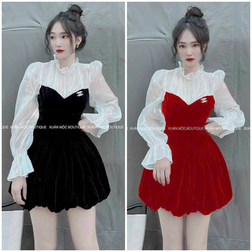 Đầm váy nữ tay dài bồng phối kiểu mix dáng váy bí ngô siêu yêu dành cho các nàng diện đi tiệc, hẹn hò xinh xắn.
