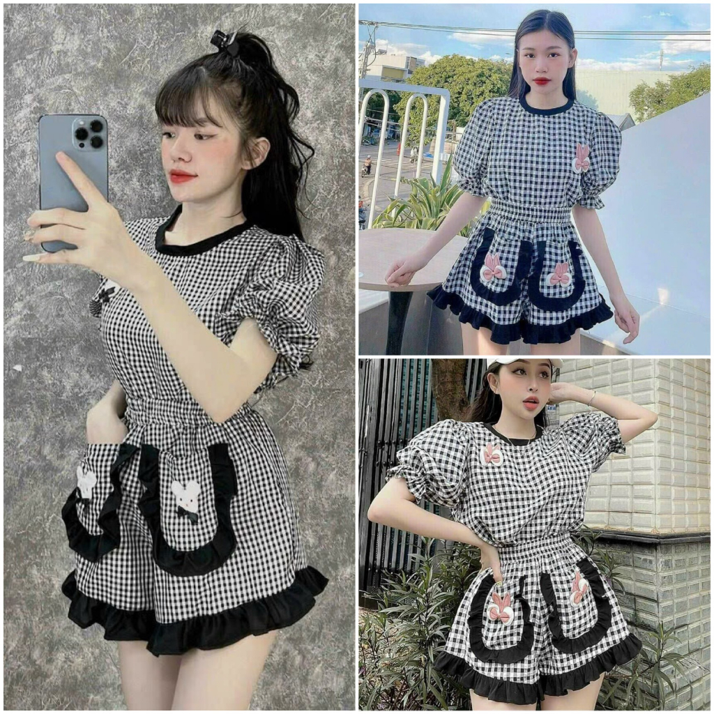 Set đồ bộ nữ áo tay phồng cổ tròn mix quần đùi lai bèo túi thật sọc caro siêu tiểu thư dành cho các nàng mặc nhà xinh.