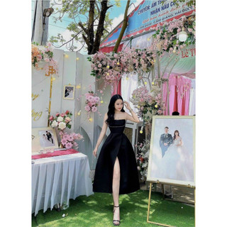 Đầm 2 dây thời trang nữ mặc đi tiệc chất vải tapta đen phối dây cườm có mút xẻ tà trước,