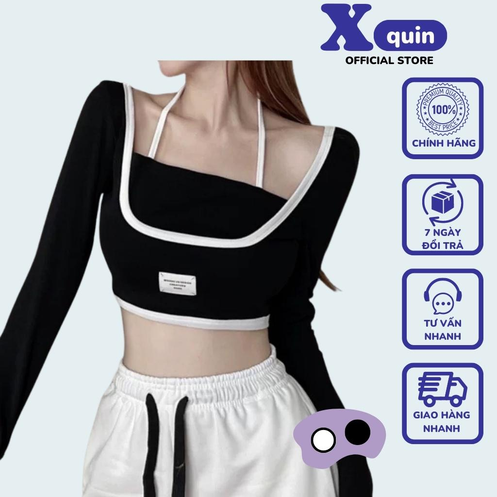 Áo croptop nữ tay dài cổ viền cột dây khoét vai Xquin, Áo thun nữ cổ giả yếm ôm body chất thun gân dày dặn