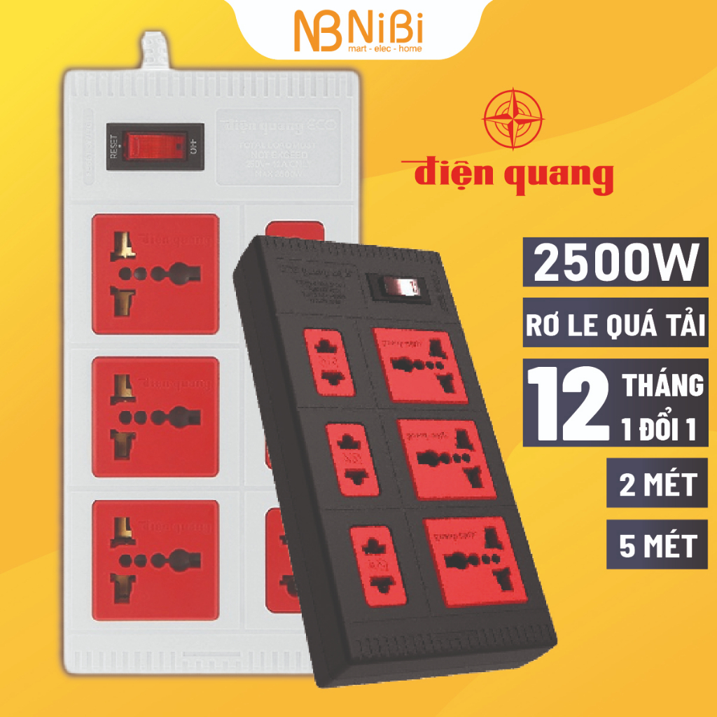 Ổ cắm điện đa năng Điện Quang 6ECO chịu tải 2500W, Ổ điện đa năng 6 lỗ dài 5M - Bảo hành 12 tháng lỗi 1 đổi 1