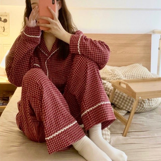 (Ảnh thật cuối) Set bộ đồ ngủ mặc ở nhà pijama đỏ kẻ caro phối ren trắng Hàn Quốc Yannie