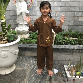 Bộ đồ lam đi chùa trẻ em Quần áo phật tử mẫu bé gái kate nhật thêu