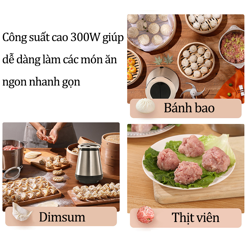 Máy Xay Thịt Đa Năng Cầm Tay 4 Lưỡi Dao Sắc Bén Cối Thủy Tinh Chắc Chắn Công Suất 300W 2 Cấp Độ Dung Tích 2L Siêu Khỏe