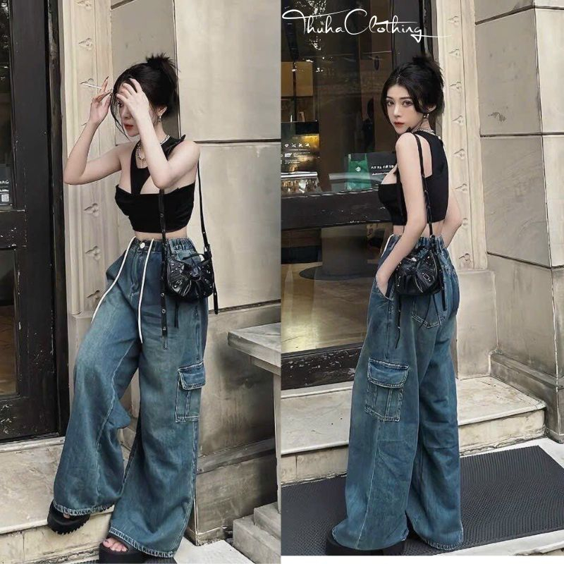 Quần bò nữ ống rộng lưng cao túi hộp, Quần jean cạp chun cao cấp vải jeans dày đẹp phong cách độc đáo cute Hàn Quốc