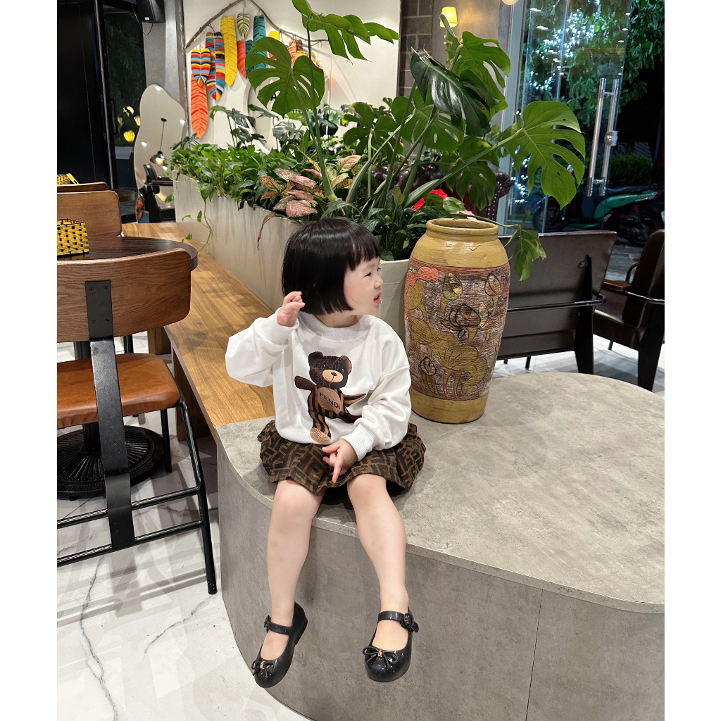 Bộ quần áo nỉ kèm chân váy gấu FD cho bé gái , set áo sweater unisex cho bé , Kid_genz