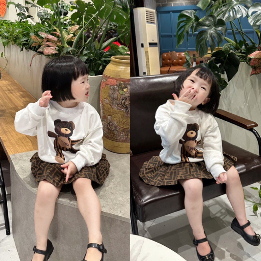 Bộ quần áo nỉ kèm chân váy gấu FD cho bé gái , set áo sweater unisex cho bé , Kid_genz