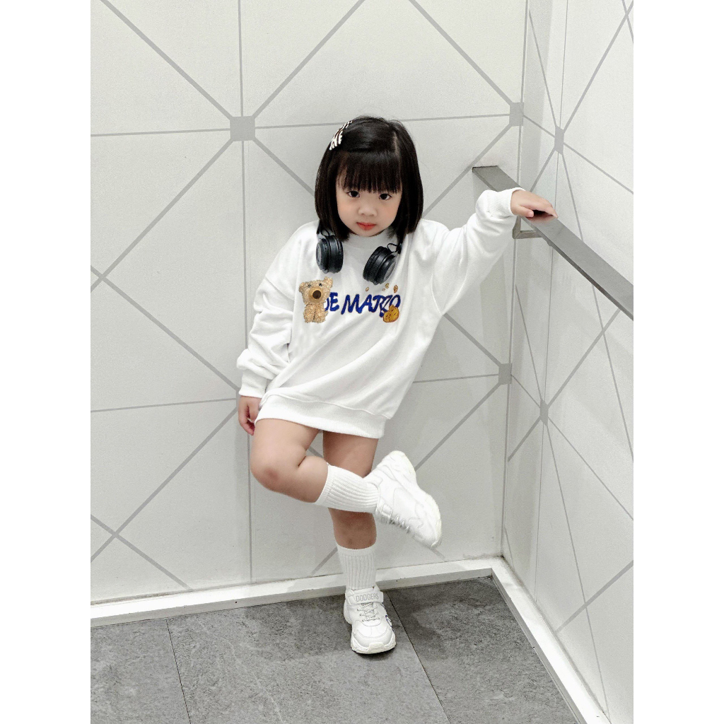 Áo nỉ sweater 13 demarzo xanh blue tặng kèm gấu cho bé , áo nỉ cổ tròn bé gái , bé trai unisex , Kid_genz