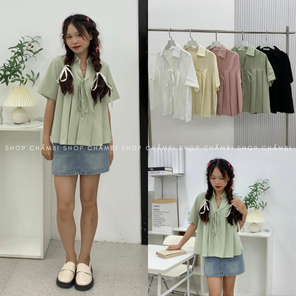 Áo sơ mi nữ tay ngắn A.512, Áo kiểu dáng vừa cổ đức thắt nơ xếp ly trước cách điệu trẻ trung - Shop Chấm Bi