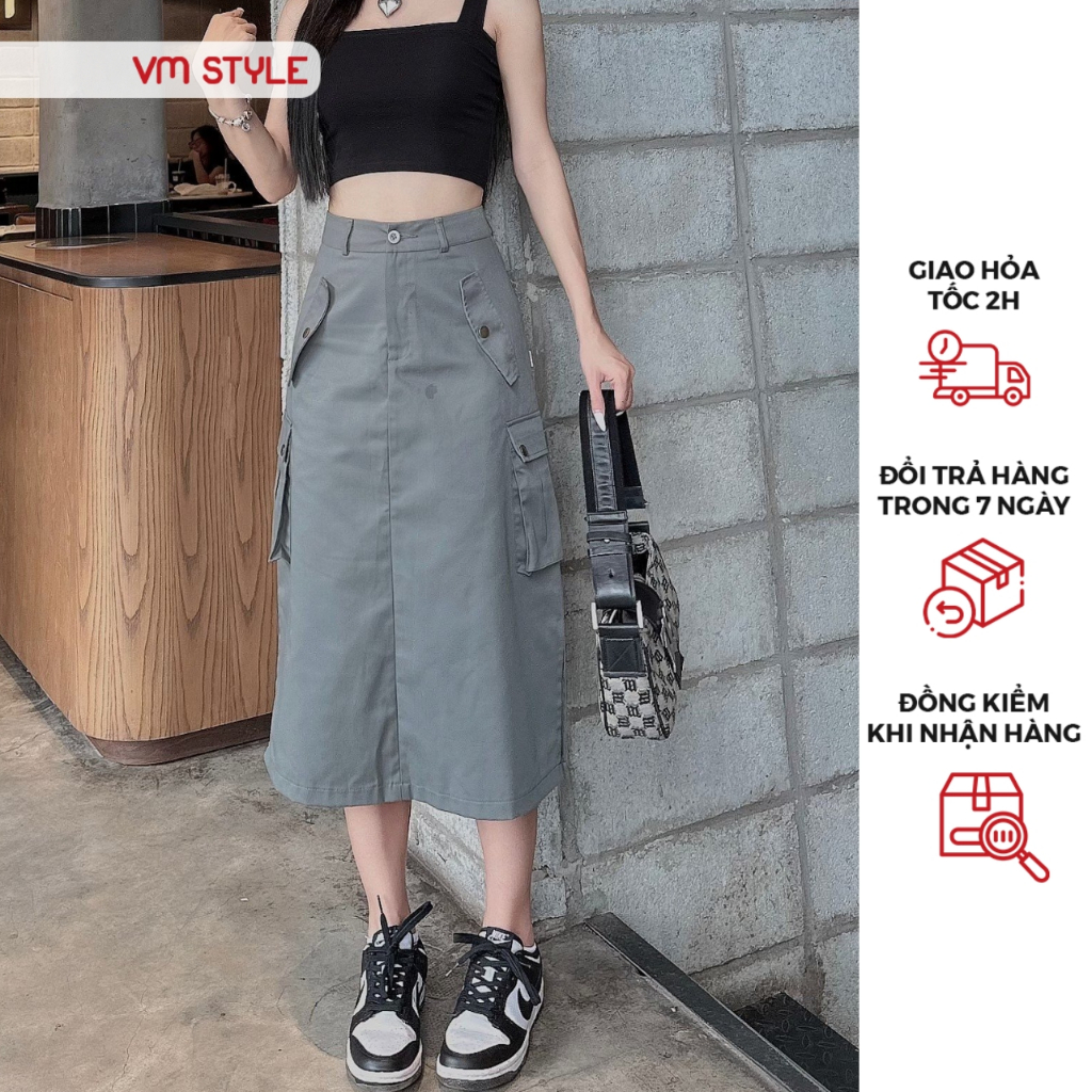 Chân váy kaki dài nữ VMSTYLE cạp cao túi hộp xẻ 2 bên form A basic, cá tính đi học, đi làm 09178 - CVD00054