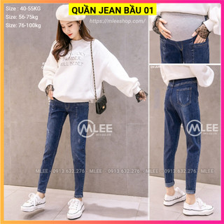 Quần jean cho bà bầu MLEE, Quần denim bầu đẹp Hàn Quốc cao cấp có đáp bụng