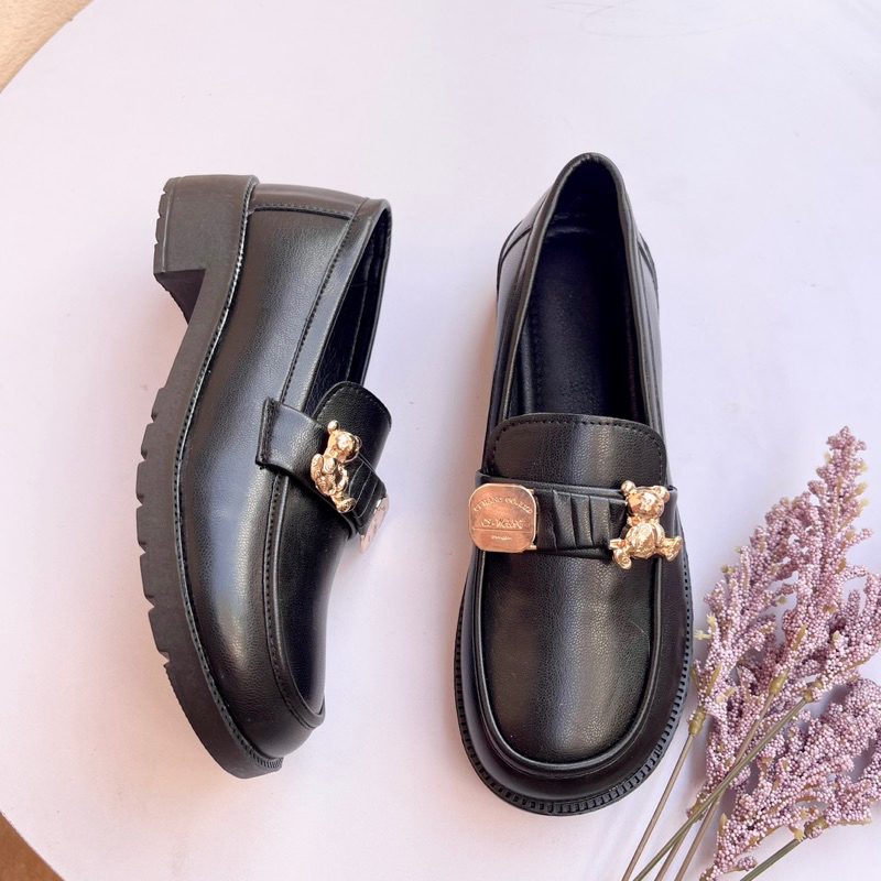 Giầy đốc nơ gấu chất da thật siêu mềm siêu dày dặn