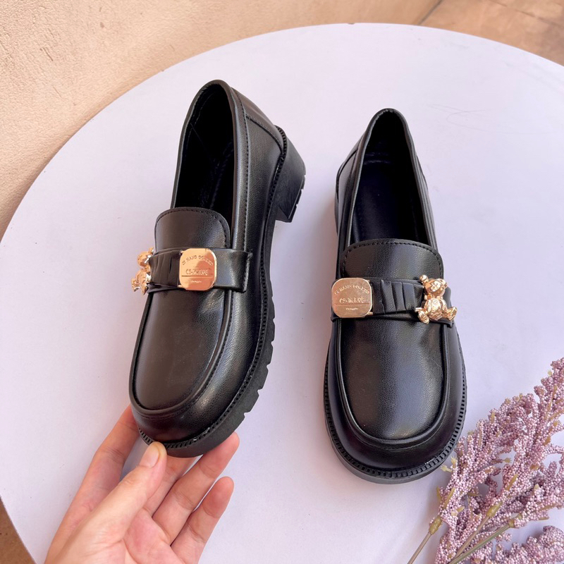 Giầy đốc nơ gấu chất da thật siêu mềm siêu dày dặn