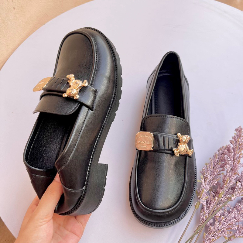 Giầy đốc nơ gấu chất da thật siêu mềm siêu dày dặn