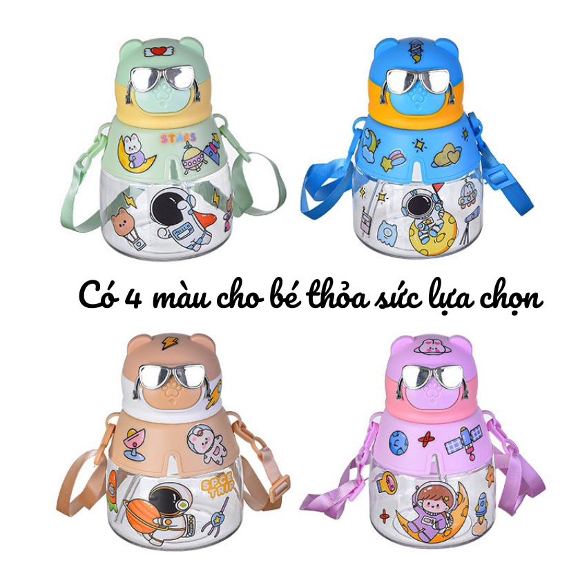 Bình nước cho bé có quai đeo nắp bật ống hút mềm mại cao cấp cute BN550