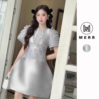 Đầm cổ tròn đính cườm tay xếp tầng kèm ảnh thật | merrchuyenvay