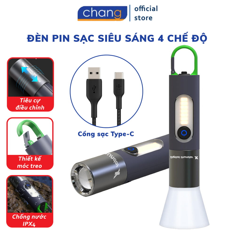Đèn Pin 4 Chế Độ LED Siêu Sáng, Đèn Pin Cầm Tay Mini Dã Ngoại Chiếu Xa Sử Dụng Pin Sạc 1200mAh Cổng Sạc Type-C Tiện Dụng