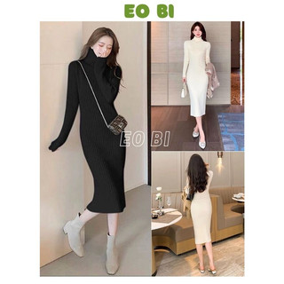 Váy len body cổ lọ dáng dài màu trơn basic thời trang, Đầm body cổ lọ len mềm mịn co giãn