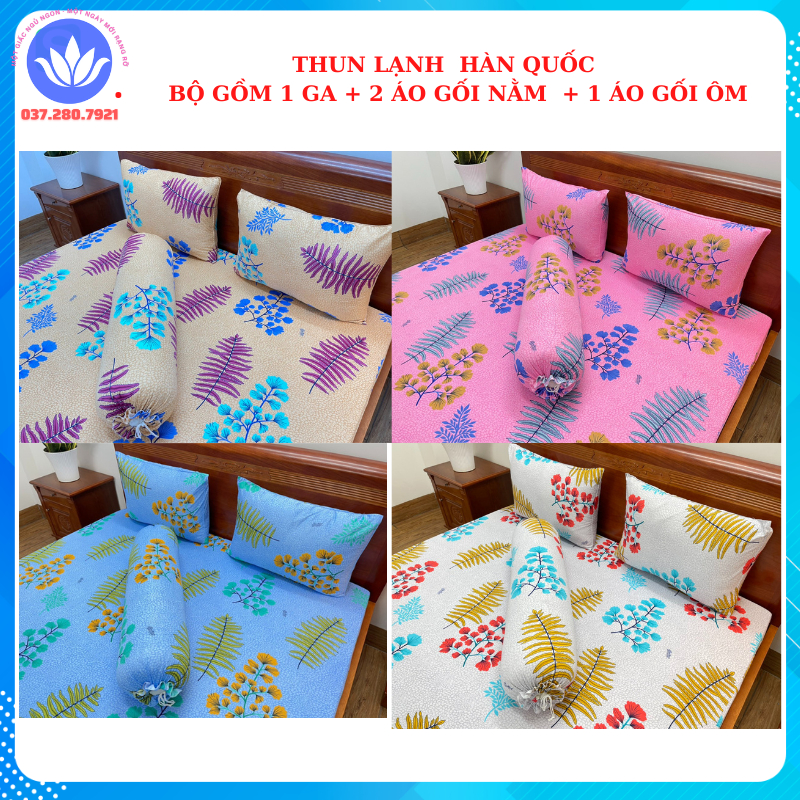 Bộ ga giường, Drap nệm Thun Lạnh Hàn Quốc 4 món họa tiết lá dương sỉ (1 ga bọc + 2 vỏ gối nằm + 1 vỏ gối ôm)