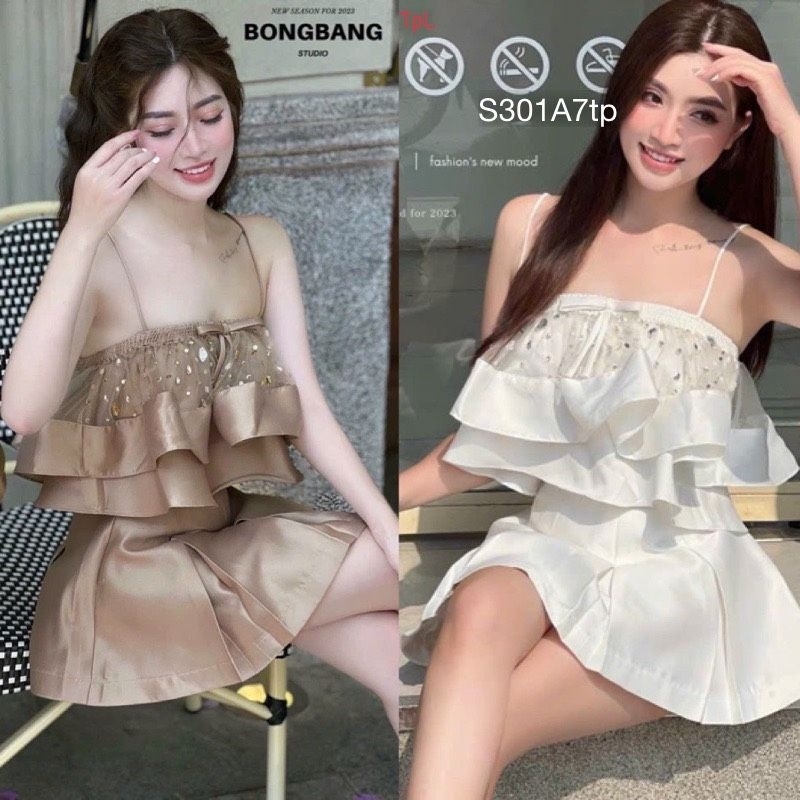 Set Váy Áo 2 Dây Peplum Nơ Đá Chất Tacta Mix Quần Sooc Đùi Ống Rộng Siêu Sang 3 Màu Trắng, Nâu, Hồng
