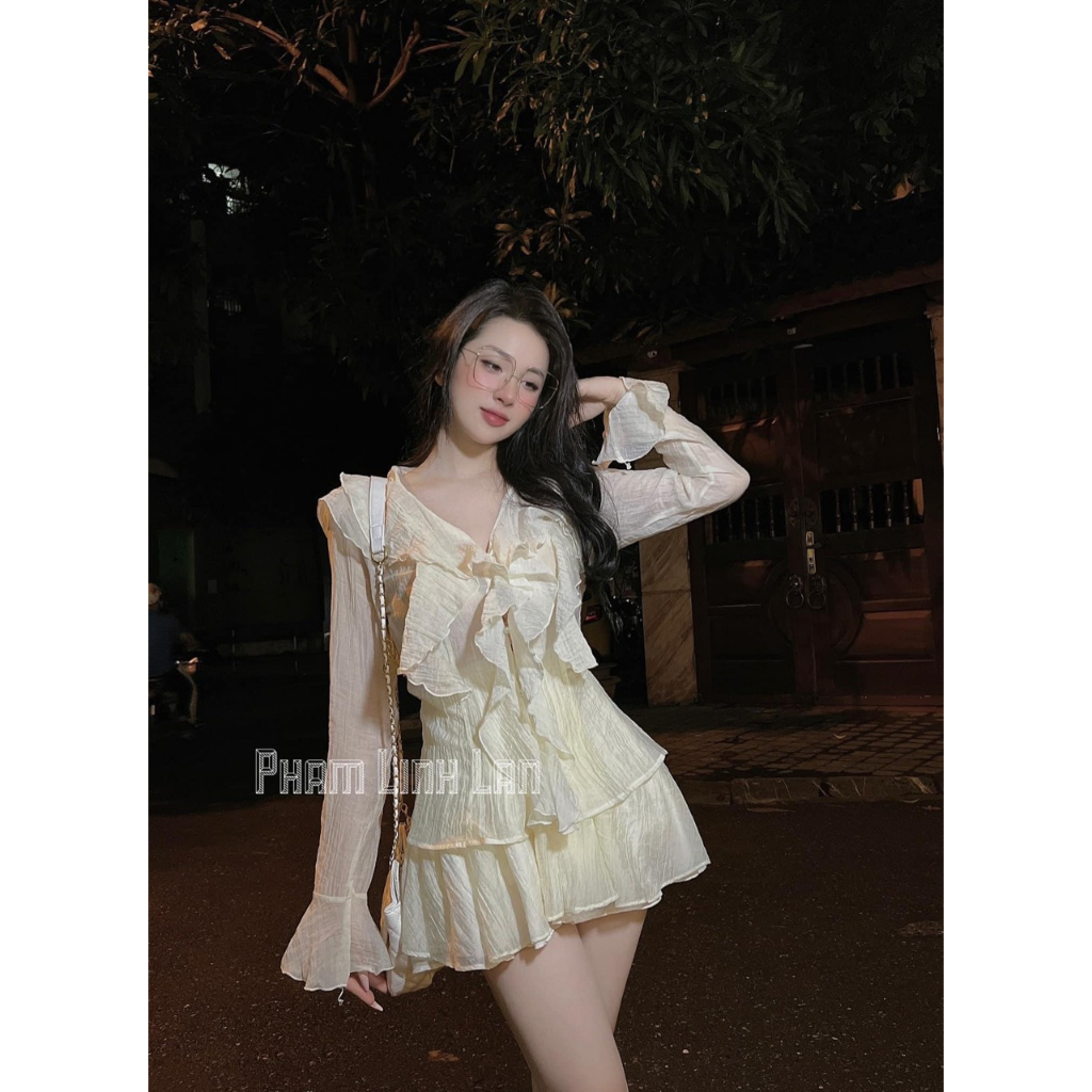 Set tơ bèo dài tay mix chân váy hot hit DN644