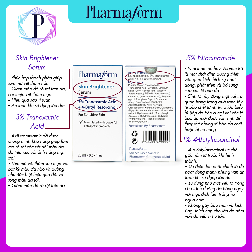 Pharmaform Tranexamic acid + C12 L-AA pure bright + Phyto Boost Cream sáng da chống oxi hóa
