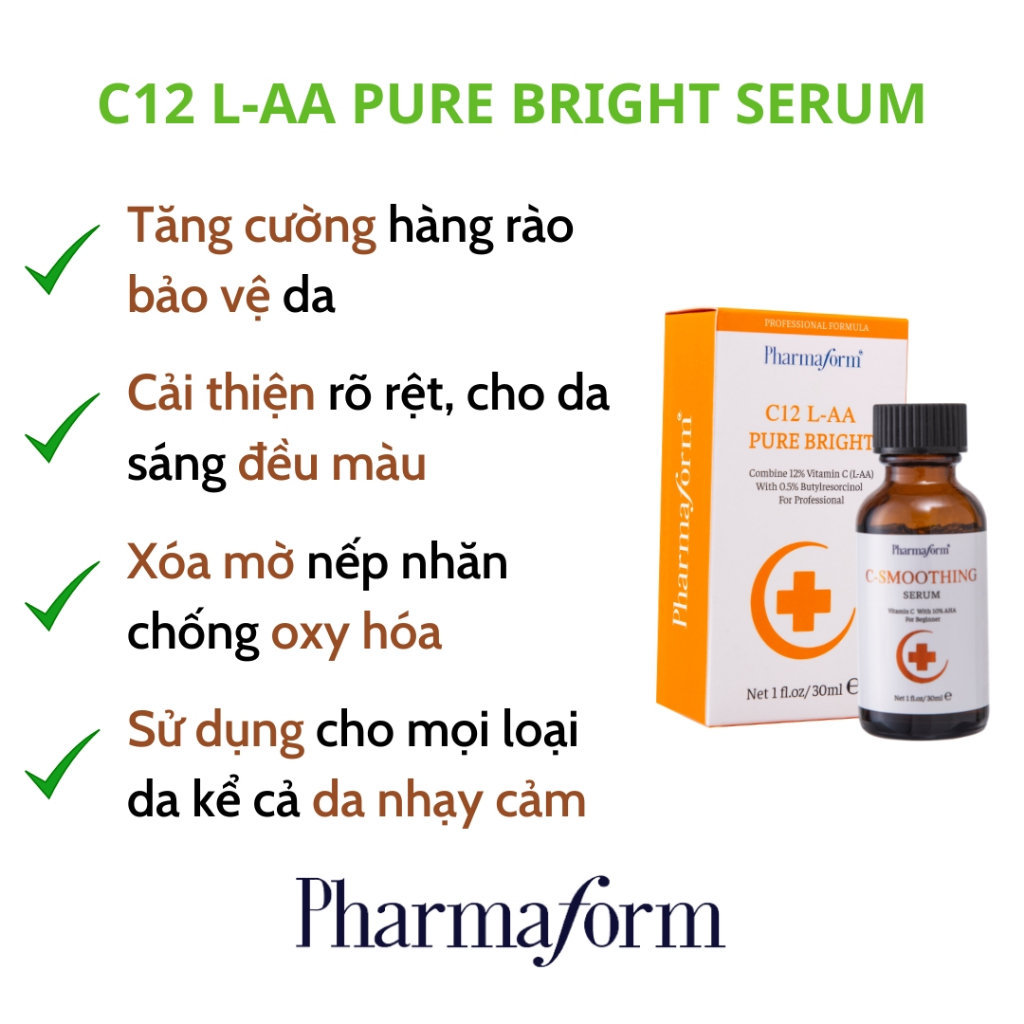 Pharmaform Tranexamic acid + C12 L-AA pure bright + Phyto Boost Cream sáng da chống oxi hóa