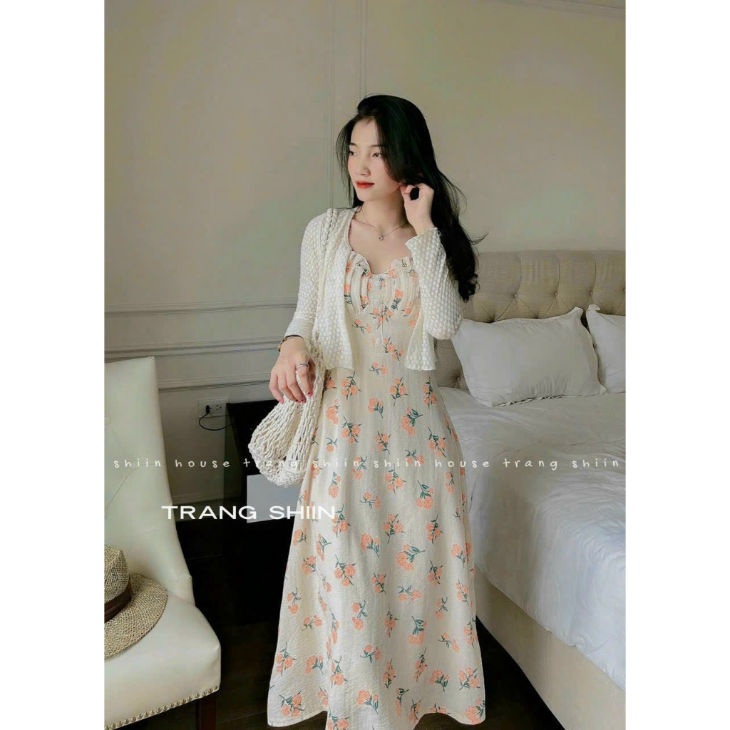 Set đầm nữ nữ 2 món, đầm maxi 2 dây nhún ngực in hoa nhí dáng dài kèm khoác trắng mỏng xinh xắn dx